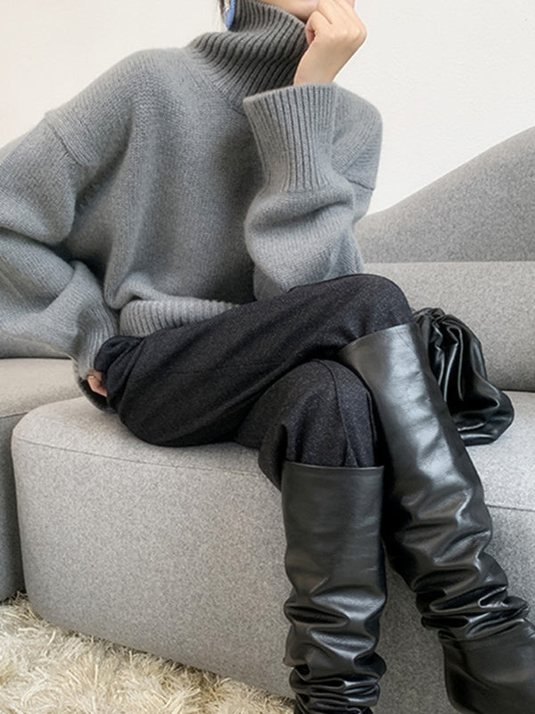 Long Sleeves Loose Pleated Solid Color Split-Joint High Neck Sweater