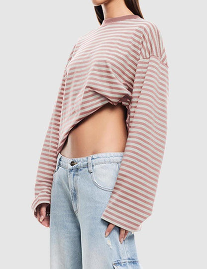Round Neck Striped Long Sleeve Loose Shirt