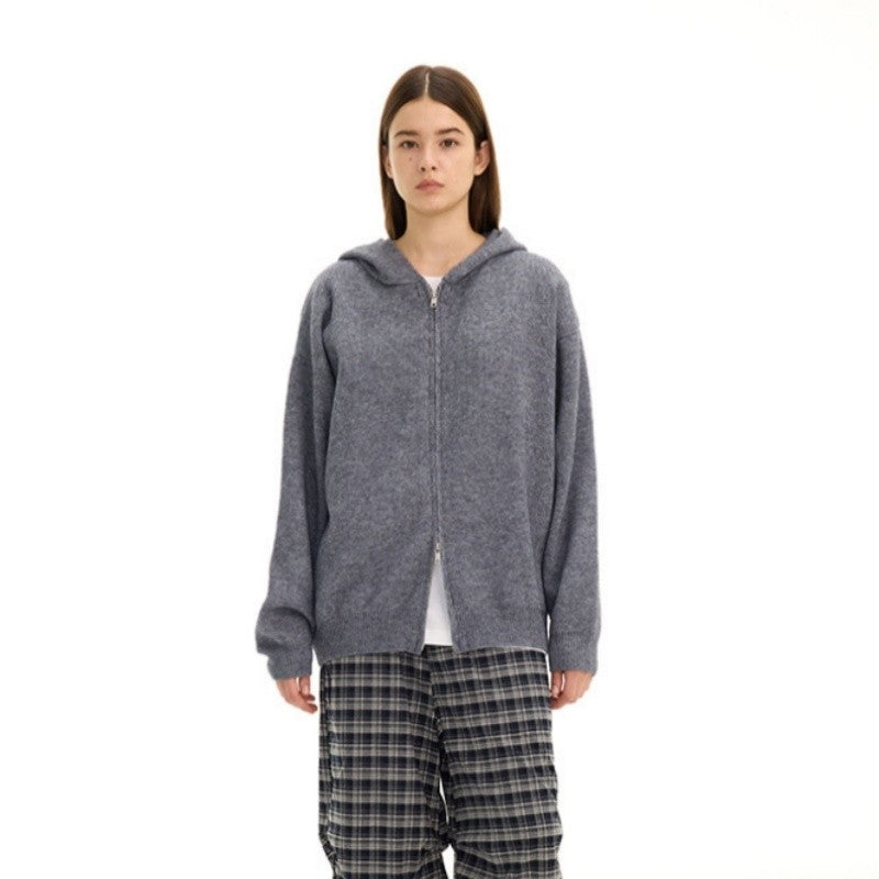 Solid Color Loose Zip Knit Sweater