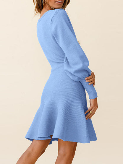 Puff Sleeves Wrap Solid Color Round-Neck Mini Dresses