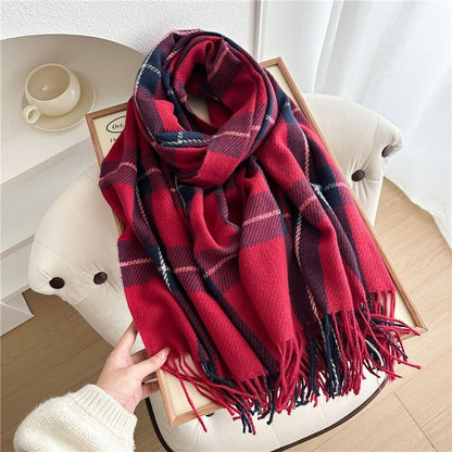 Color Block Plaid Fringe Scarf