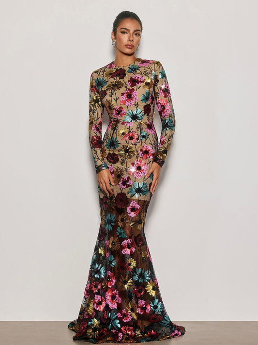 Lucy Long Sleeve Floral Sequin Maxi Dress