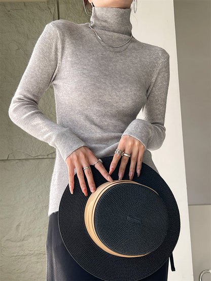 Casual Long Sleeves Skinny Solid Color High-Neck Sweater Tops