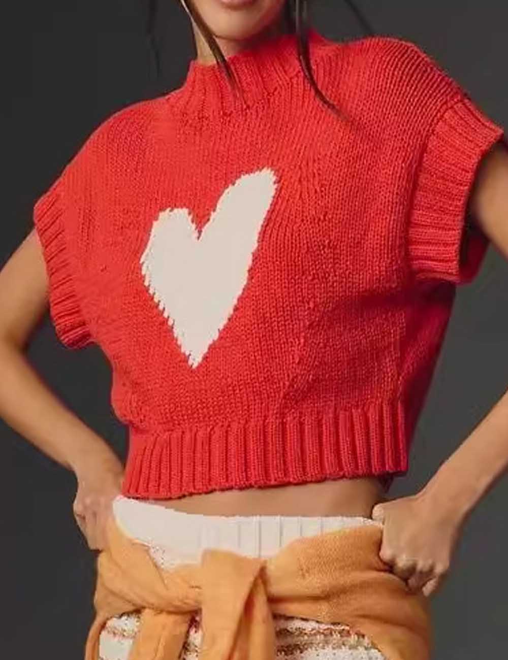 Simple Knit Heart Short Sleeve Sweater