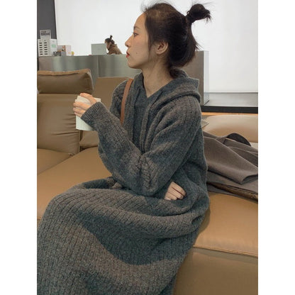 Simple Loose Long Sleeves Drawstring Solid Color Hooded Sweater Dresses