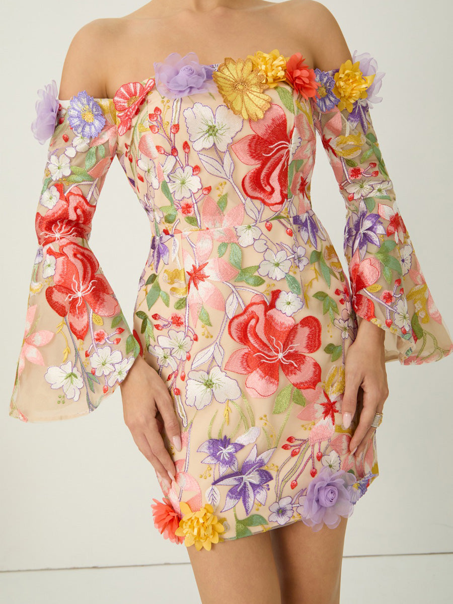 Mila Multi Floral Applique Off Shoulder Mini Dress
