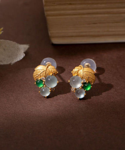 Modern Gold Sterling Silver Overgild Jade Grape Stud Earrings