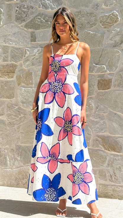 Norah Eyelet Maxi Dress - Botanic Blue/Pink Print
