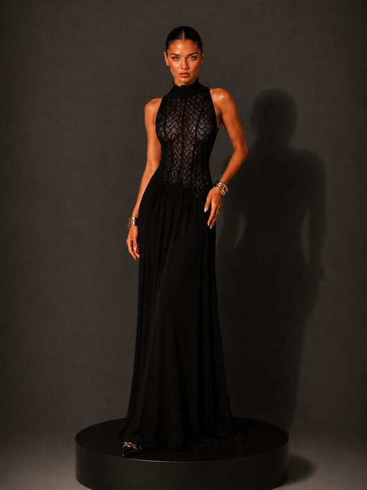 Hazel High-Neck Lace Sleeveless Maxi Dress