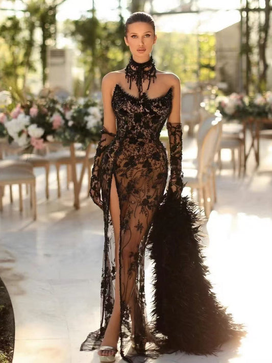 Brinley Elegant Feather Sleeves Black Evening Dress