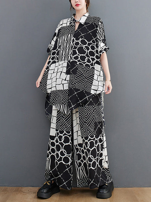 Oversize Short Sleeves Printed Lapel Pants Shirts Tops Two Pieces Set