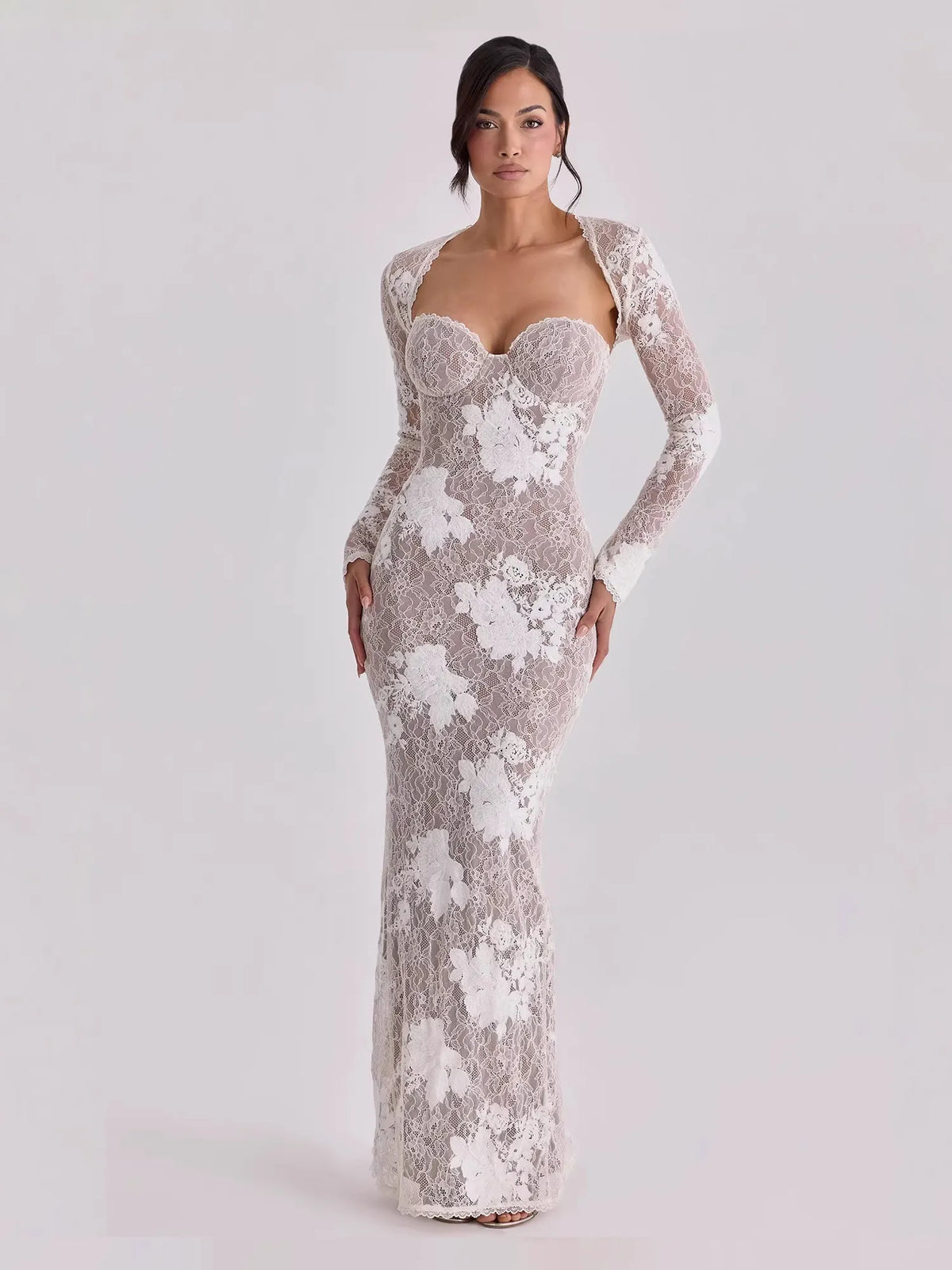 Vivienne Floral Lace Mermaid Maxi Dress in White