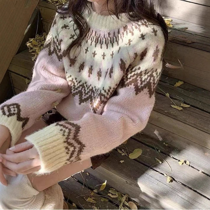 Fair Isle Sweater Women Pink Round Neck Knit Top Winter
