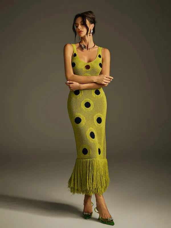 Gaelion Dot Fringe Knitted Midi Dress