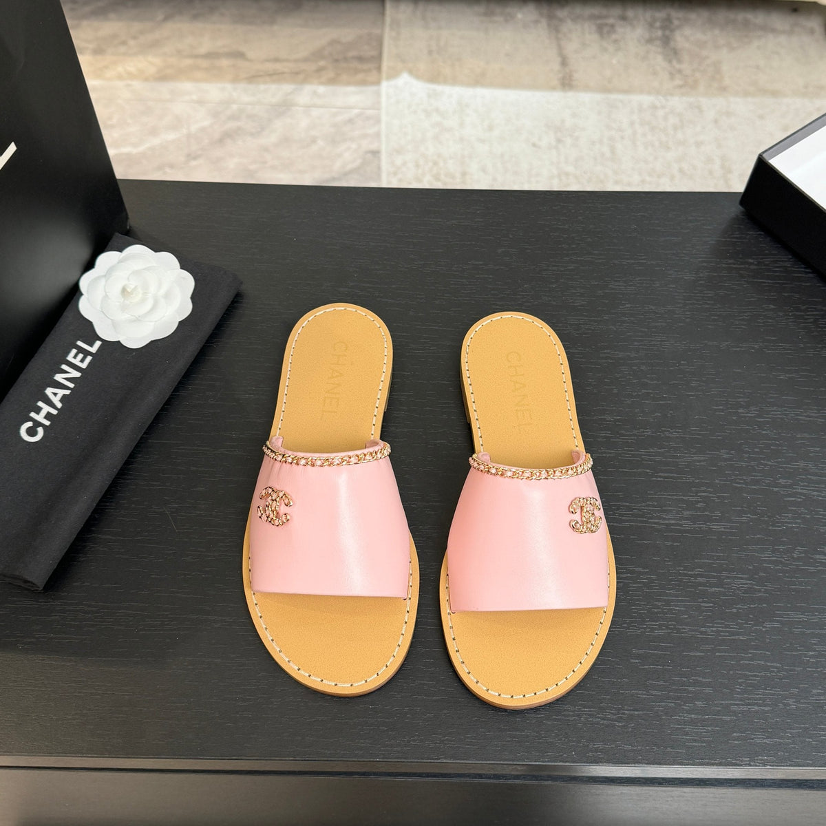 CC 26C Double C Chain Cross Pink Beige Sheepskin