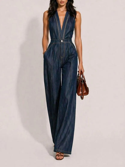 Clementine Casual Retro V-Neck Sleeveless Denim Jumpsuit