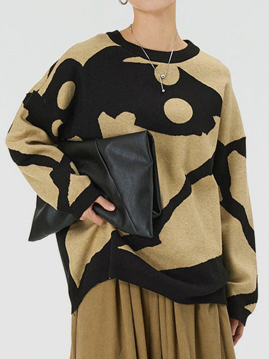 Long Sleeves Loose Contrast Color Velvet Round-Neck Pullovers Sweater Tops