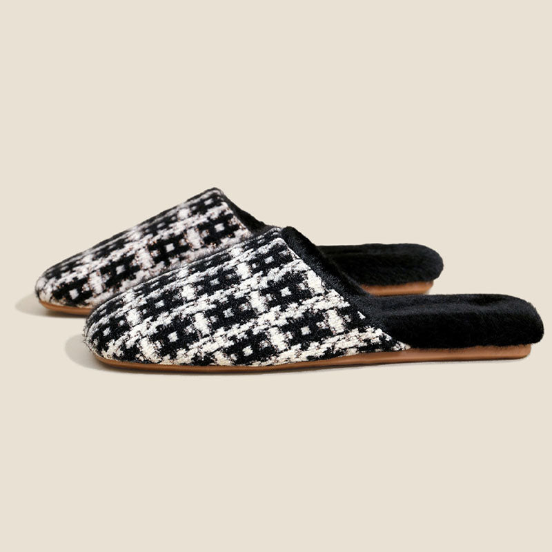 Elegant Color Block Plaid Plush Indoor Slippers