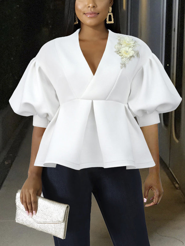 Half Sleeves Loose Asymmetric Embroidered Pleated Split-Joint Deep V-Neck Blouses&Shirts Tops
