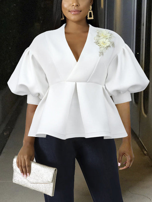 Half Sleeves Loose Asymmetric Embroidered Pleated Split-Joint Deep V-Neck Blouses&Shirts Tops