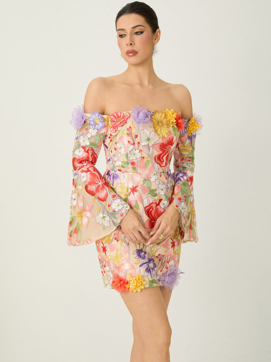 Mila Multi Floral Applique Off Shoulder Mini Dress