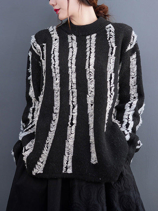 Casual Long Sleeves Loose Tasseled Round-Neck Sweater Tops