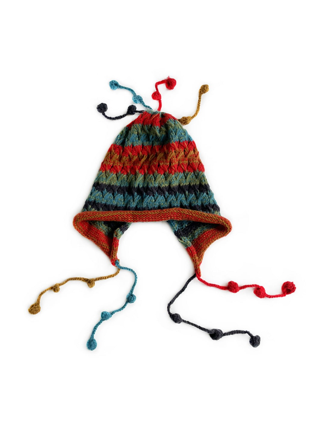 Haila - Colorful Earflap Knitted Beanie with Pompoms