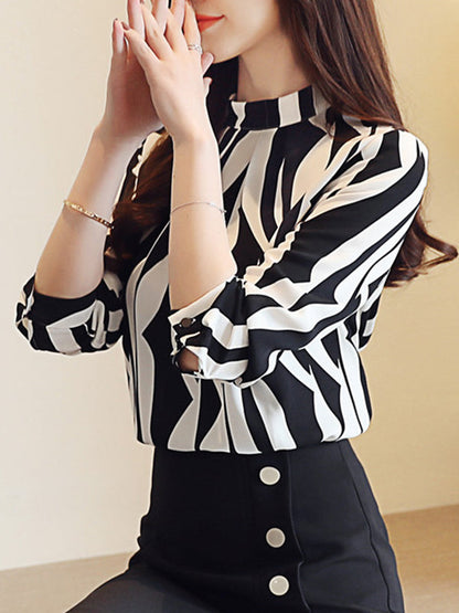 Long Sleeves Loose Contrast Color Printed Mock Neck Blouses&Shirts Tops