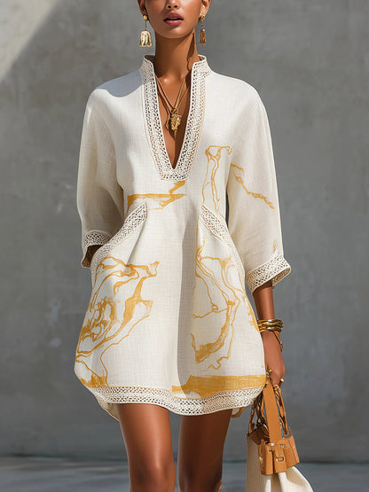 Loose Resort Style Cotton And Linen Short Dress With Straps