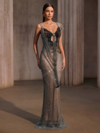 Miranda Rhinestone Mesh Lace Maxi Dress