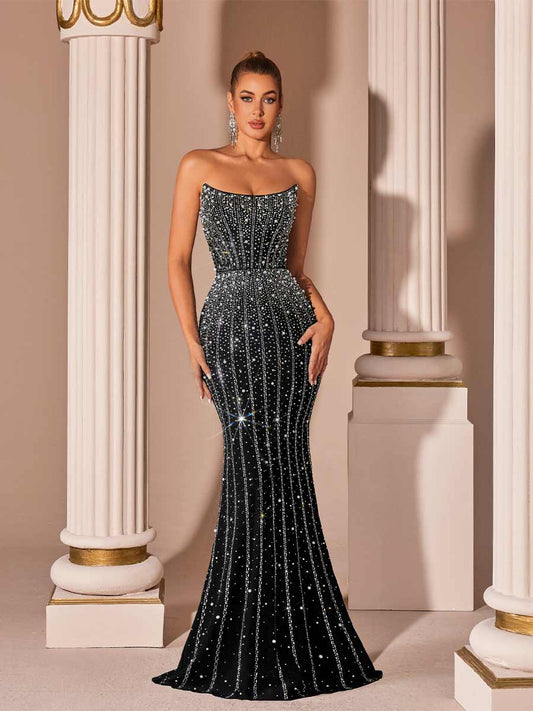 Thea Strapless Fish Tail Rhinestone Maxi Dress