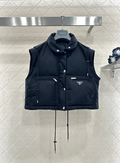 Prada 2025 Cropped Jacket With Detachable Sleeves Black Re-Nylon Down