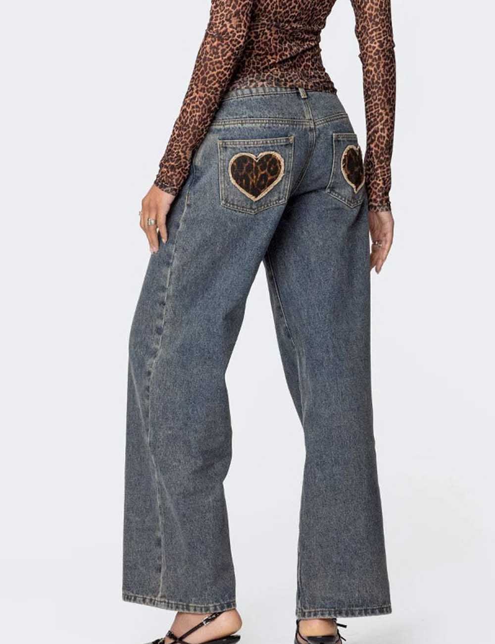Vintage Heart Leopard Print Straight Leg Jeans
