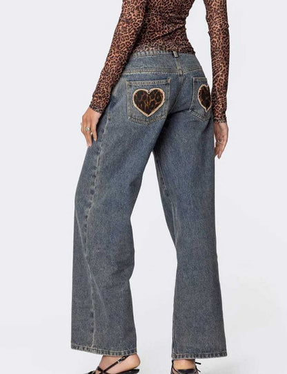 Vintage Heart Leopard Print Straight Leg Jeans