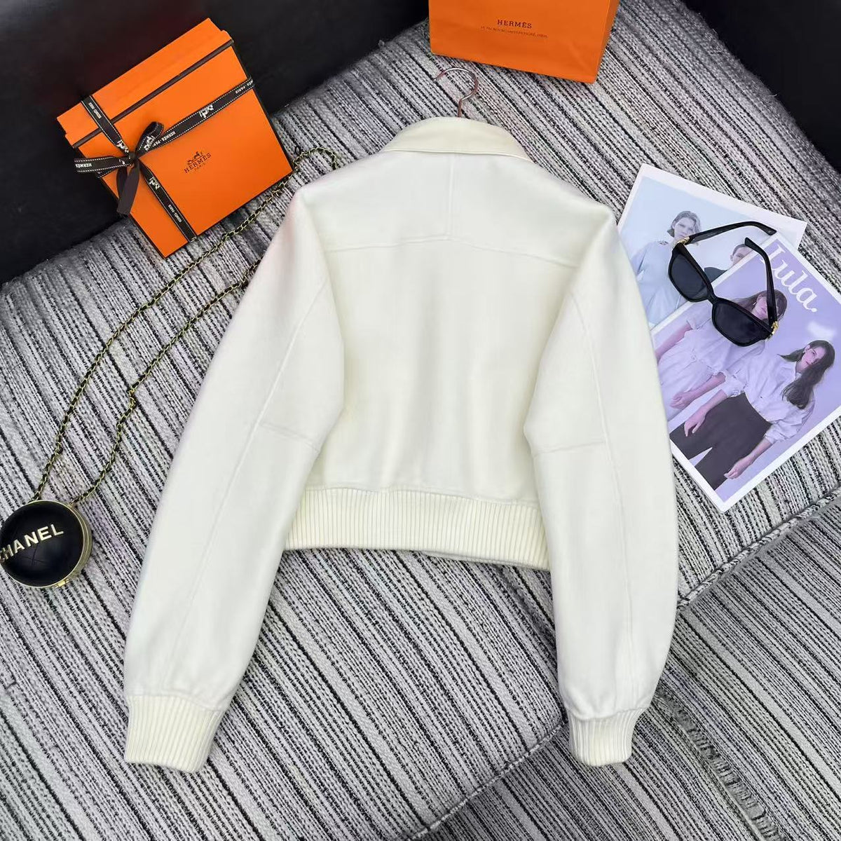 HM Patchwork Leather Lapel Double-faced White Cashmere Jacket