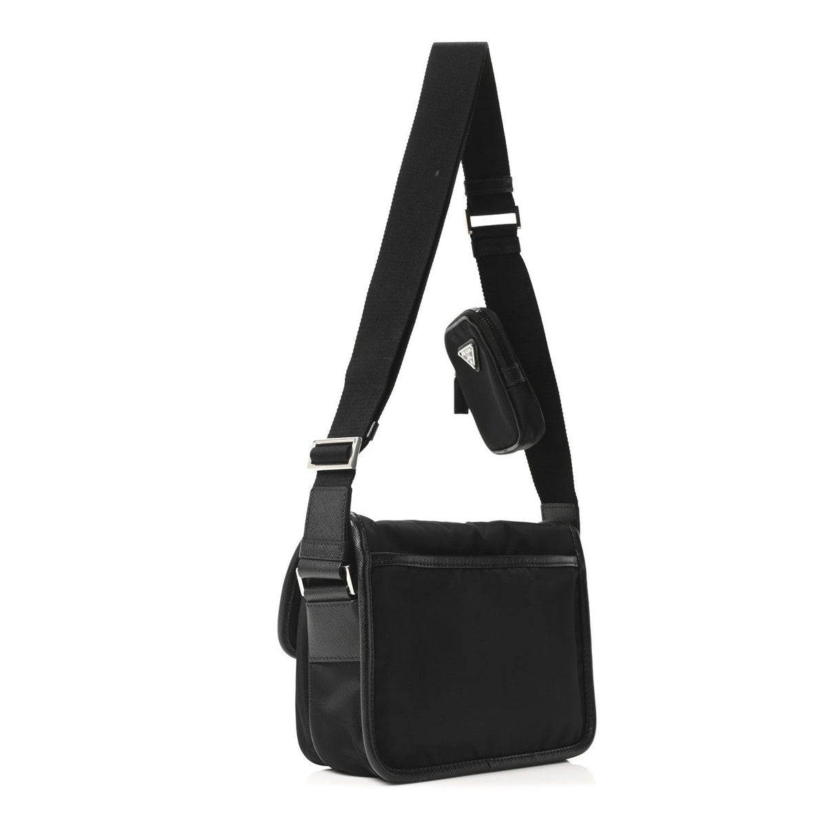 Re-Nylon Saffiano Pocket Double Snap Buckle Messenger Shoulder Bag Black