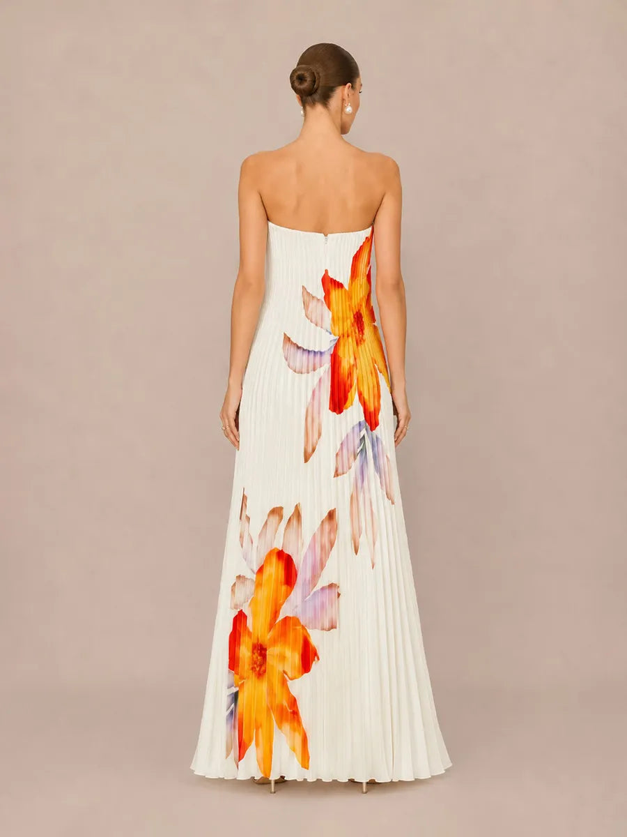 Mariana Printed Strapless Loose Maxi Dress with Elaborate Pleating