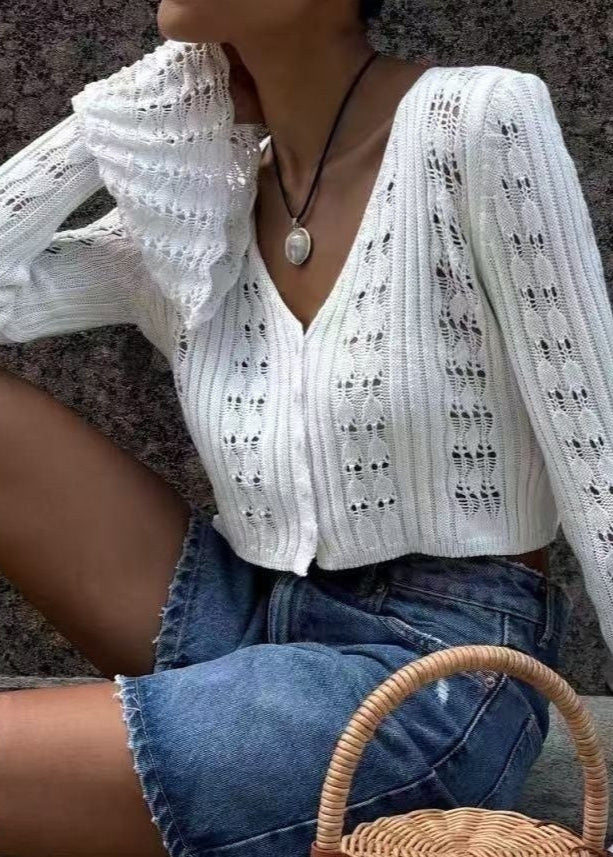 Open Knit Acrylic Cropped Cardigan With Buttons