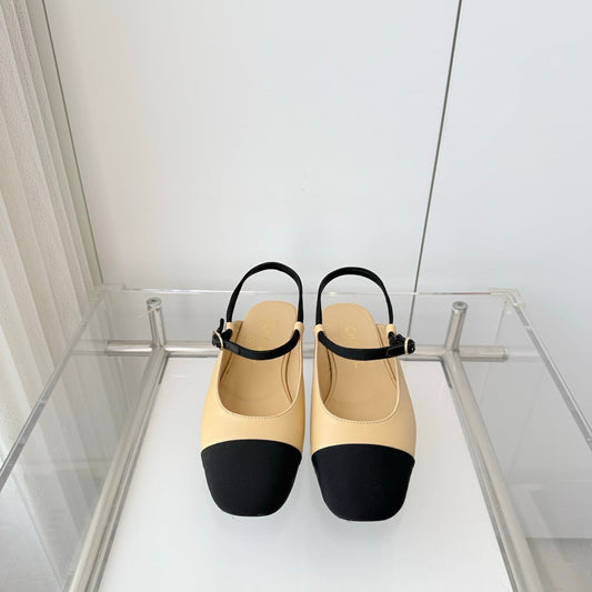 Chanel 26 Slingback Flats Beige Black in Lambskin 597389