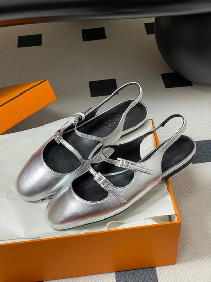 Hermes 26S Mila Open-Heel Sandals Silver in Calfskin 594344