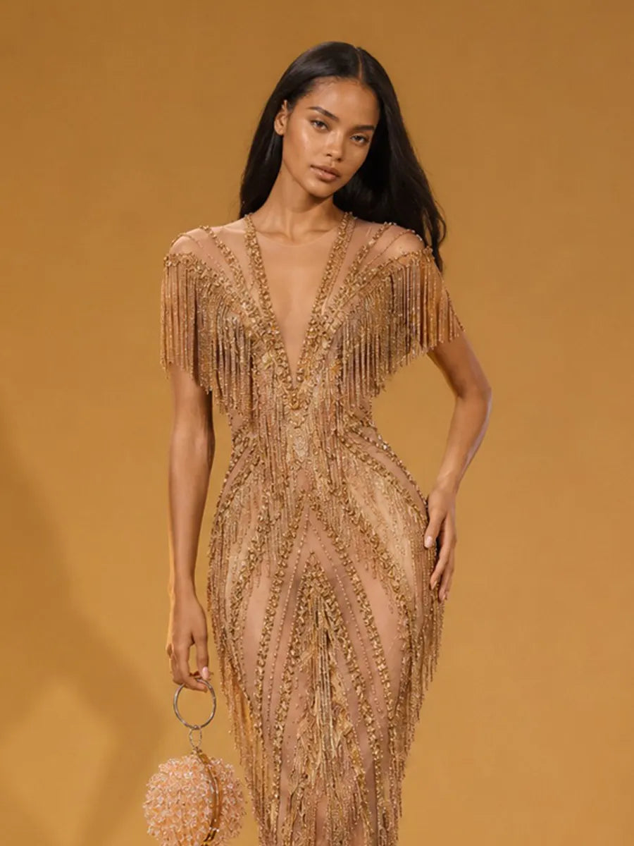 Ingrid Fringed Rhinestone Deep V-Neck Maxi Dress