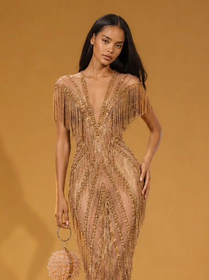 Ingrid Fringed Rhinestone Deep V-Neck Maxi Dress