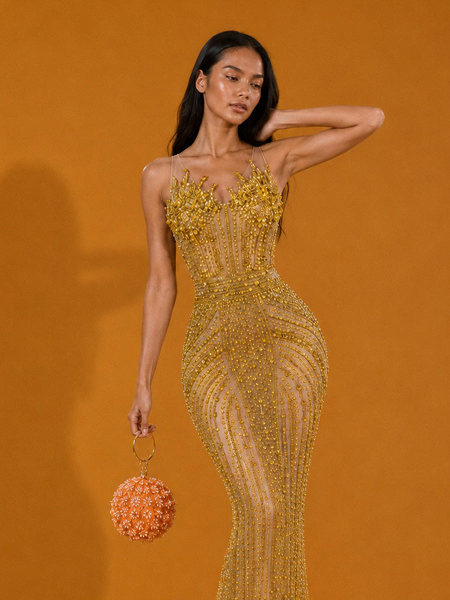 Jocelyn Elegant Strapless Sparkling Rhinestone Maxi Dress In Gold