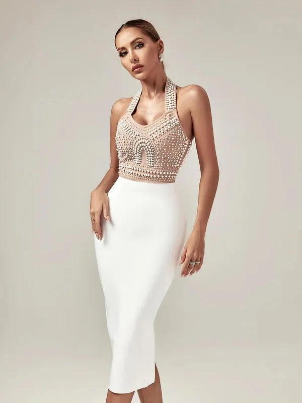 Isabella Halterneck Pearls Bandage Dress In Beige