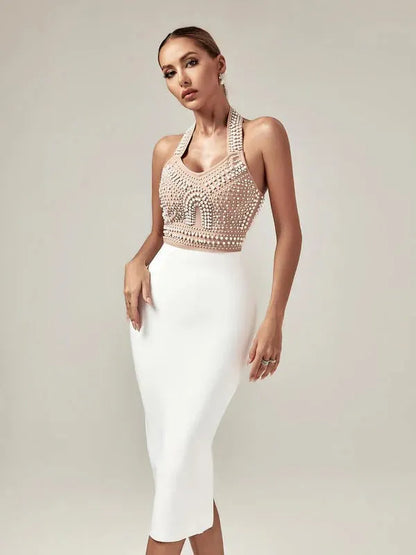 Isabella Halterneck Pearls Bandage Dress In Beige