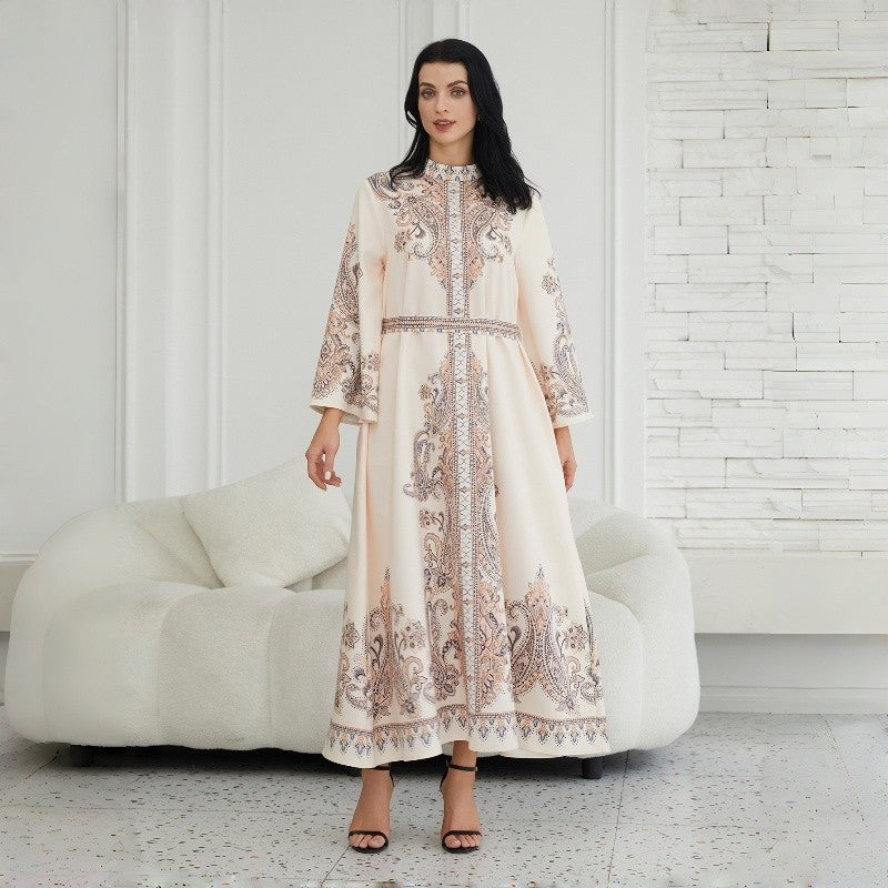 Royal Collar Print Long Retro Muslim Dress