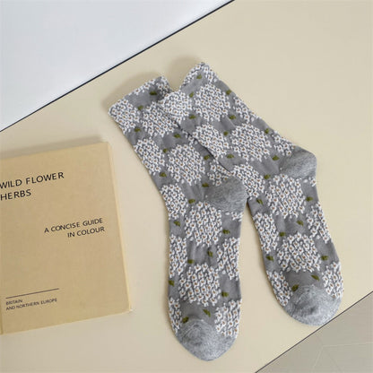 Rufia - Court-Style Embossed Floral Mid-Calf Socks