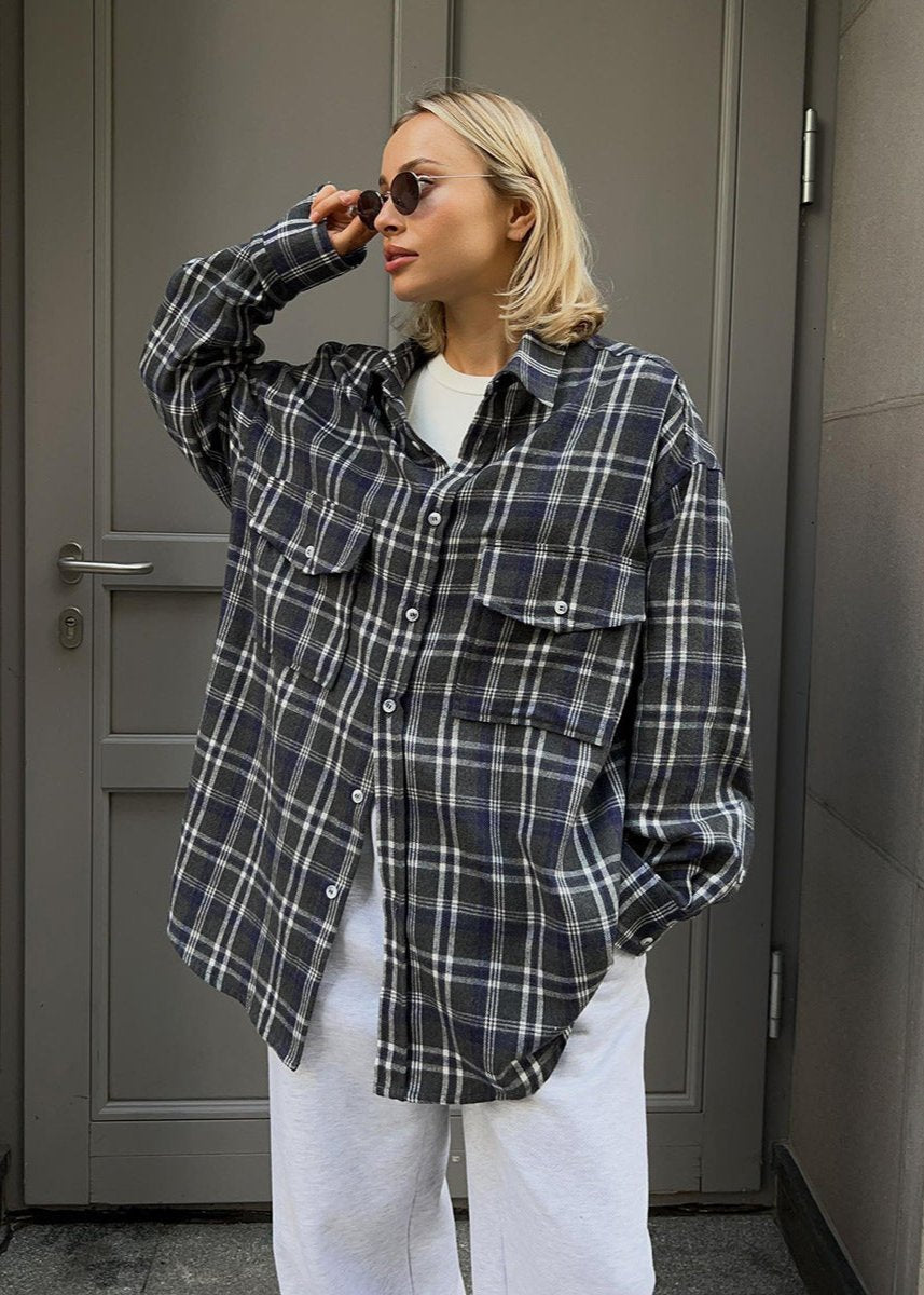 Oversized Cotton Blend Plaid Long Sleeve Shirt