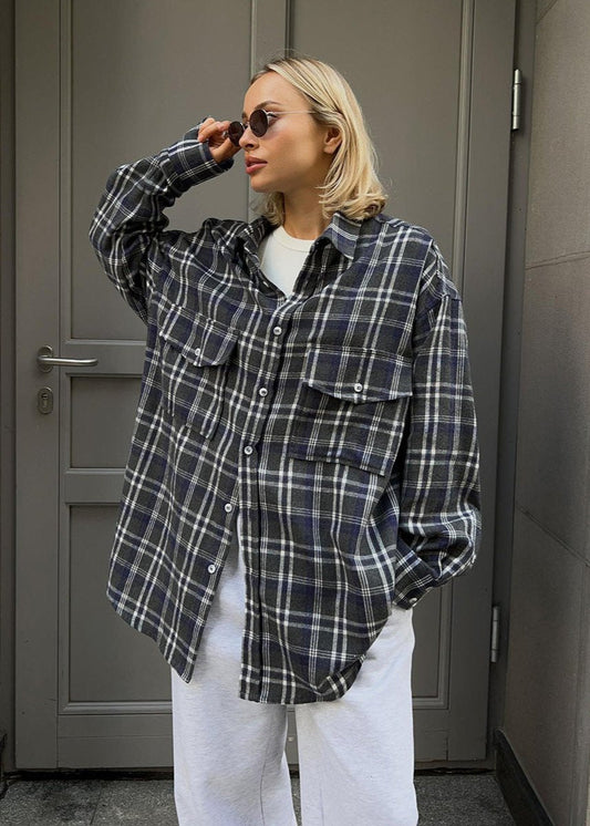 Oversized Cotton Blend Plaid Long Sleeve Shirt