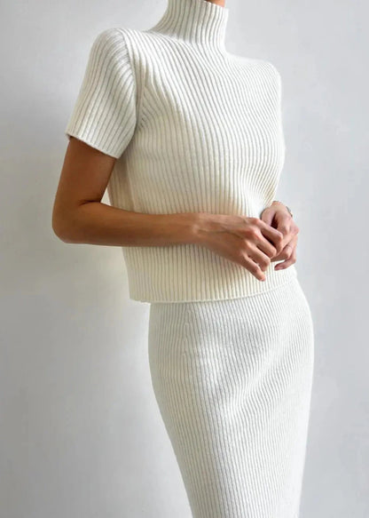 Two Piece Knit Set With Mock Neck And Skirt
